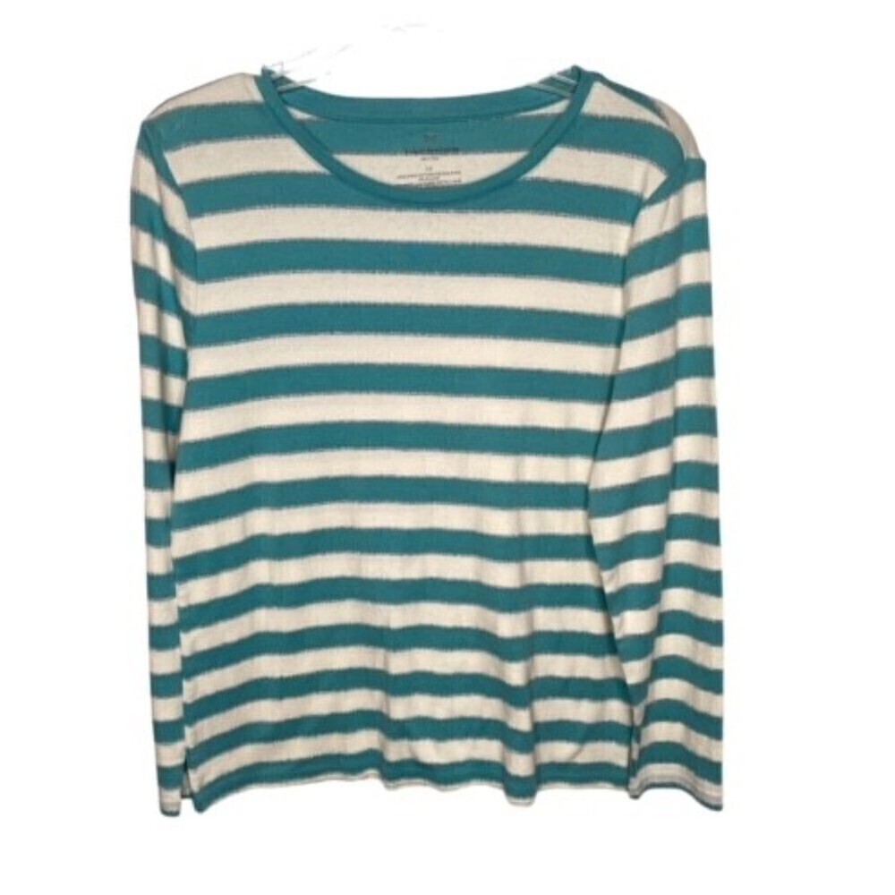 Talbotts Knits Women’s Large Petite Long‎ Sleeve Aqua/White Sweater EUC